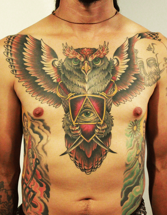 mark-lonsdale-tattoo-bondi-sydney-owl-chest-piece-shield-swords-all-seeing-eye.gif